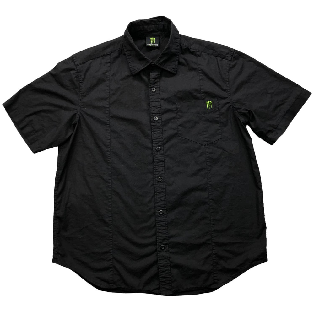 Monster Energy Drink Button Up Short Sleeve Shirt Mens XL Black Embroidered Logo